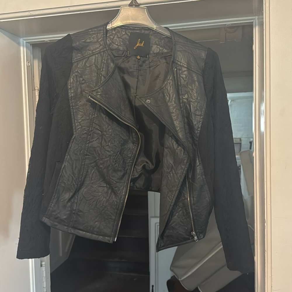 Black faux leather short jacket with cotton lace arms